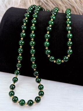 Vintage Long Strand Green Stone Bead Necklace Gold Spacer Beads